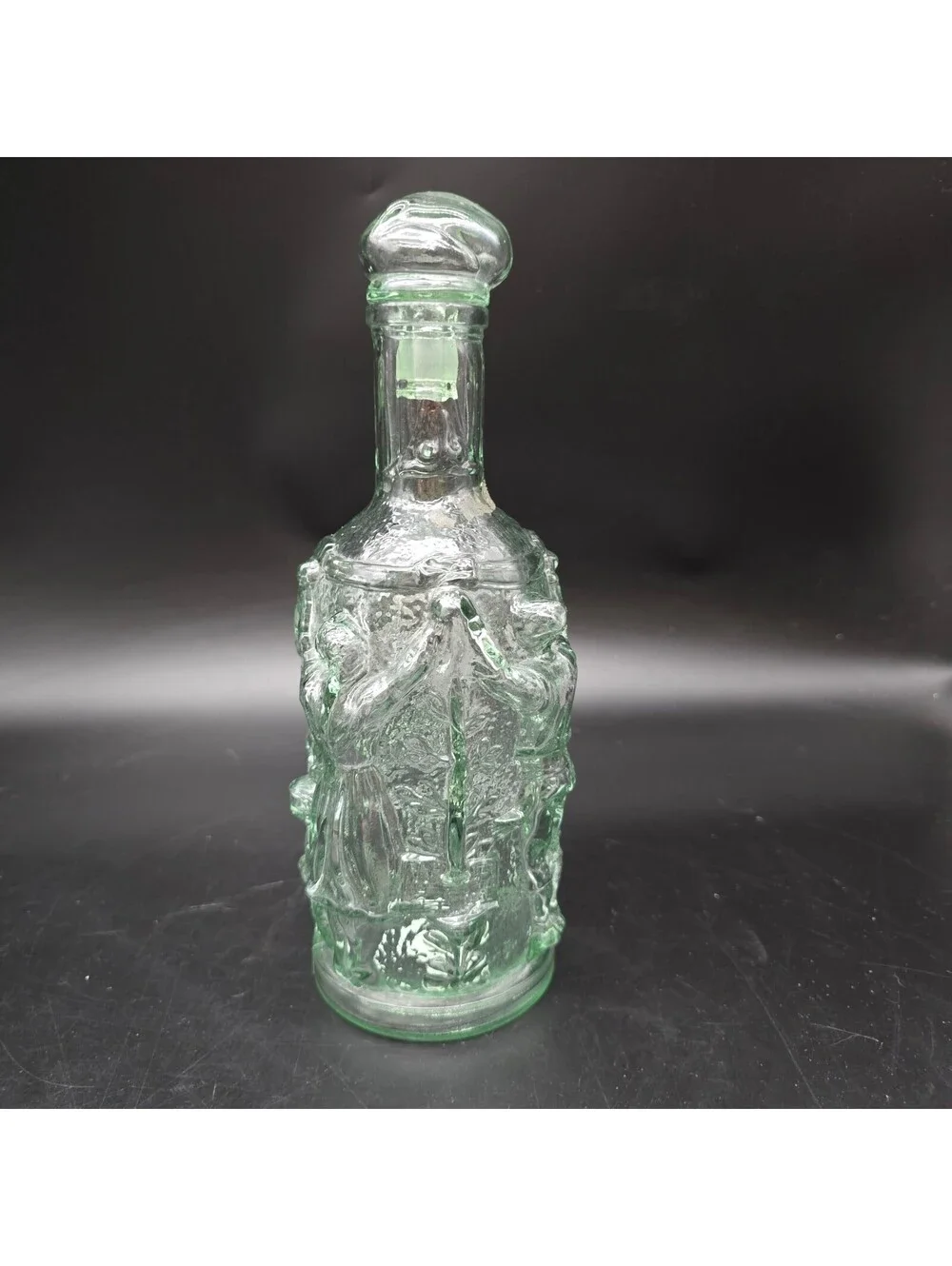 Vintage Spanish Green Glass Decanter Bottle w/ Stopper 3D Dancing Musicians 11.5
